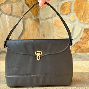 1940’s Vintage Black Leather Handbag with Brass Hardware